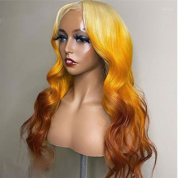 

yellow colored human hair wig silk base brazilian remy ombre ginger wavy 5x5 pu lace wigs1, Black;brown