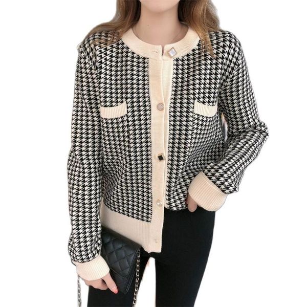 

women's jackets knit sweater jacket houndstooth female vintage cardigan blouse short outer long sleeve round neck fashionjacket, Black;brown