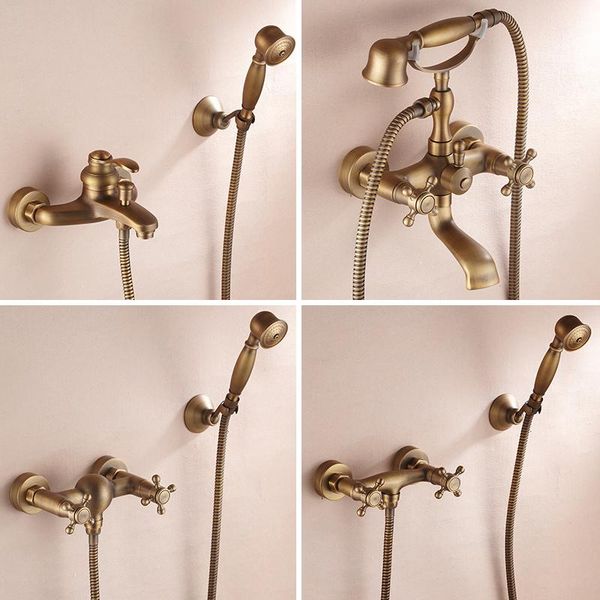 

bathroom vintage shower wall surface mount brass rainfall bathtub faucet set antique with handshower + tub spout sets