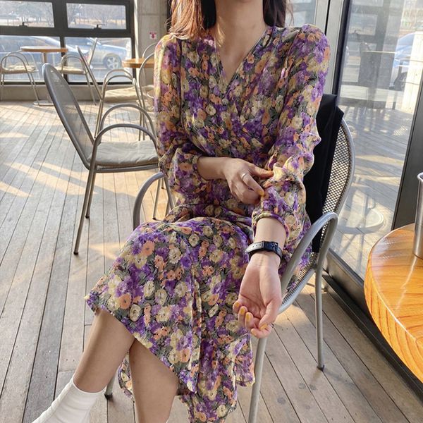 

2021bgteever elegant spring summer dress for women chic v-neck floral high waist female dress 2021 purple chiffon vestidos femme, Black;gray