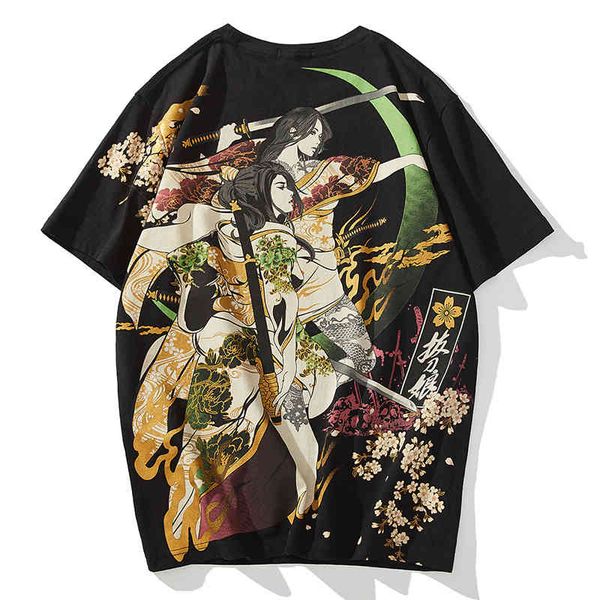 

men's t-shirts japanese brand ukiyo-e personality breathable printing beauty samurai short sleeve round neck casual t-shirt d, White;black