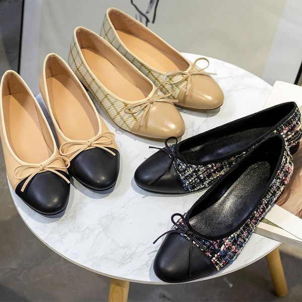 

butterfly knot flat shoes womens ballet shoes soft soles color matching leather casual female ladies shoes, Black