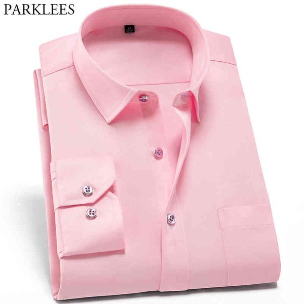 Bambusfaser-Rosa-Hemd-Männer-Marken-beiläufige dünne passende elastische Mens-Kleid-Hemden-klassische lange Hülsen-feste Geschäfts-Herren-Knopf-Hemd 210524