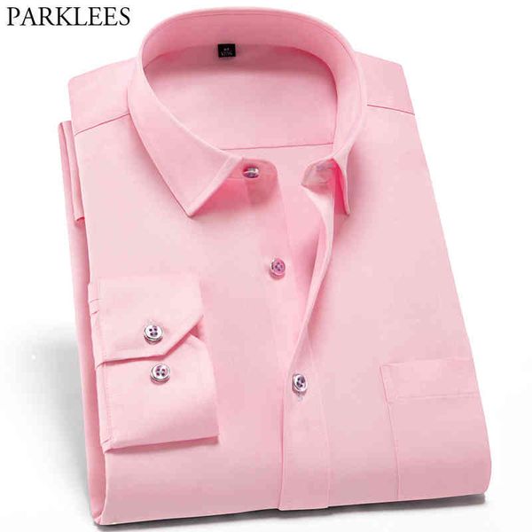 

bamboo fiber pink shirt men brand casual slim fit elastic mens dress shirts classic long sleeve solid business mens button shirt 210524, White;black