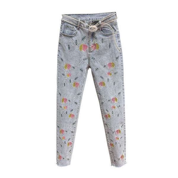 

women jeans soft denim bleached printing patterns slim diamonds bottom trousers skinny full length pencil pants tr 210322, Blue