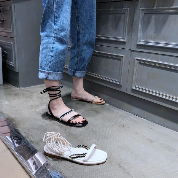 

summer word with wild fashion color matching cross thin strap sandals female fairy style straps, Black