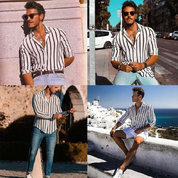 

shirtscotton linen stripe long sleeve shirt men's casual shirt fashion, White;black