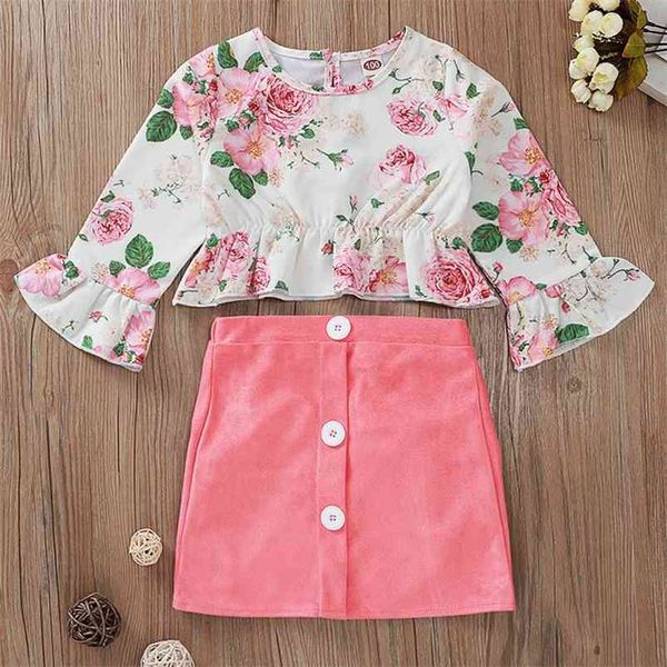 Sommer Kinder Sets Casual Lange Flare Hülse Druck Blumen T-shirt Rosa Solide Rock Nette 2 stücke Mädchen Kleidung 1-5T 210629