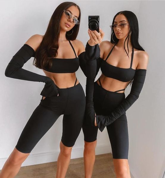 

women's tracksuits chic women fashion halter black two pieces bandage set 2021 celebrity designer shorts, Gray
