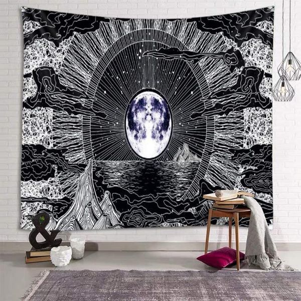 

tapestries moon and star black white earth cloud sea mountain wall hanging art