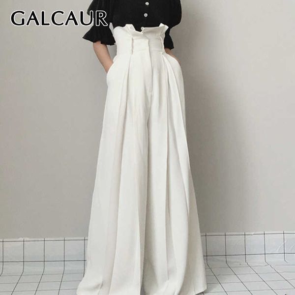 Galcaur Branco Calças de comprimento total para mulheres cintura alta solta plus size plissado ruffles pants largamente calças femininas 211006