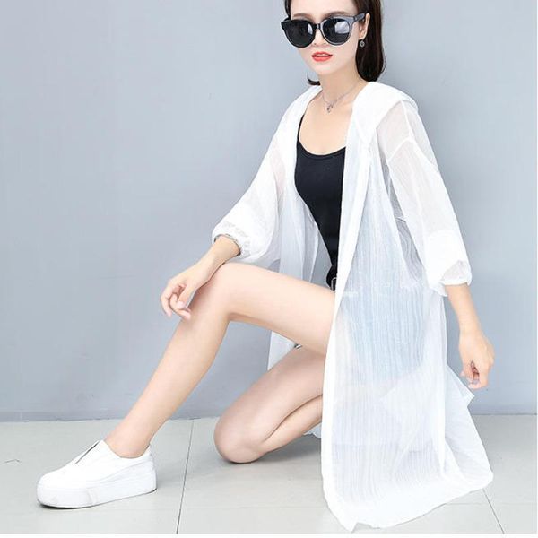 

women's jackets #5322 blue grey white pink summer sunscreen long jacket women hooded perspective coat ladies loose thin chiffon female, Black;brown