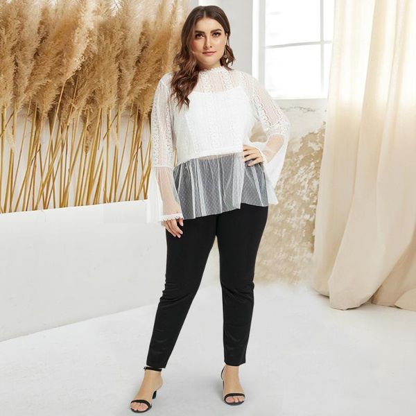 

plus size t-shirt women's chiffon shirt club solid color horn sleeve perspective stitching lace 2021 autumn clothes blouse
