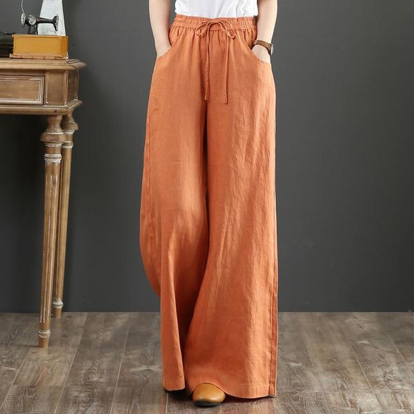 

women's pants & capris vintage cotton linen women summer 2021 high waist elastic solid wide leg ankle length casual all match female cl, Black;white