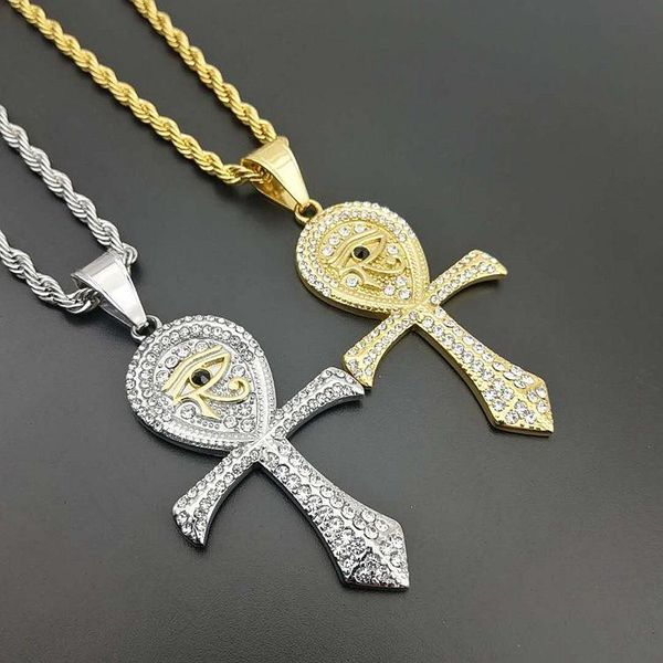 

gold tone ancient egyptian eye of horus pendant necklace with zircon 316l stainless steel men jewelry 24 inch chain necklaces, Silver