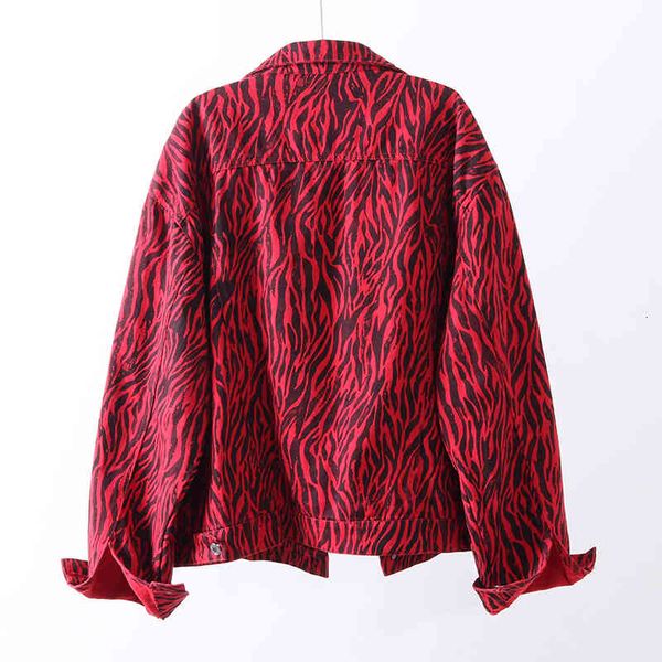 

women's t-shirt zebra mode print denim female jacket fall lapel pocket long sleeves jeans streetwear loose i2zj, White