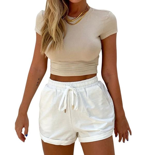 

women's shorts casual shorts, elastic waist solid color rolled cuff loose short pants with pockets, White;black