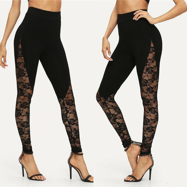 

women's 2019 fashion trend ladies floral lace side panel cut out black leggings summer skinny long trousers plus size s-xxl
