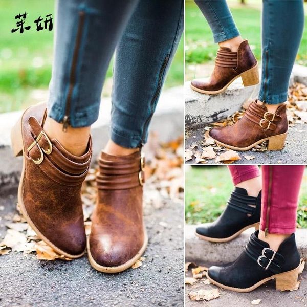 

boots vintage women buckle pu shoes short square heels fashion pointed toe ankle all match breathable, Black
