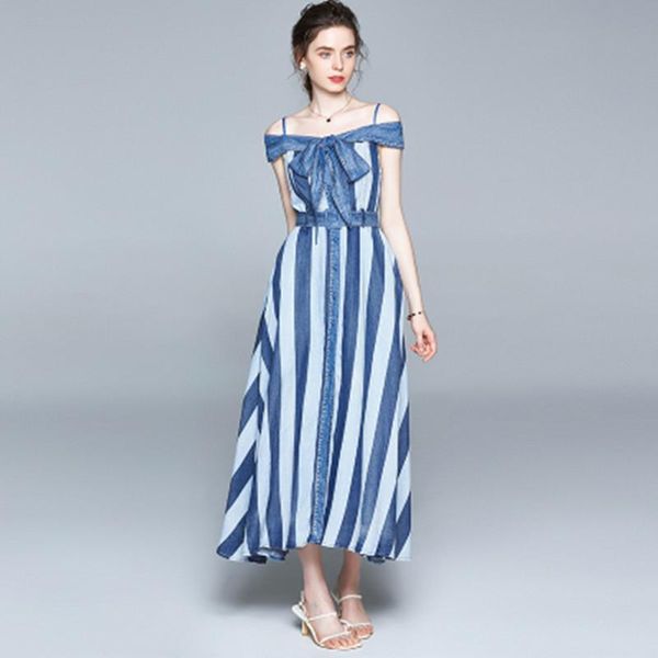 

designer summer elegant women stripe denim dress long vintage party robe femme bow casual vestidos dresses, Black;gray