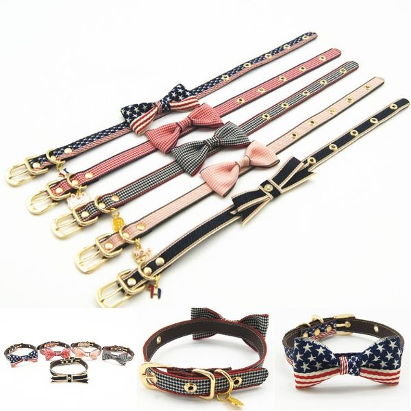 

leather handmade dog collars bow tie set dogs cats soft durable pet collar for daily and party show 5 colors m