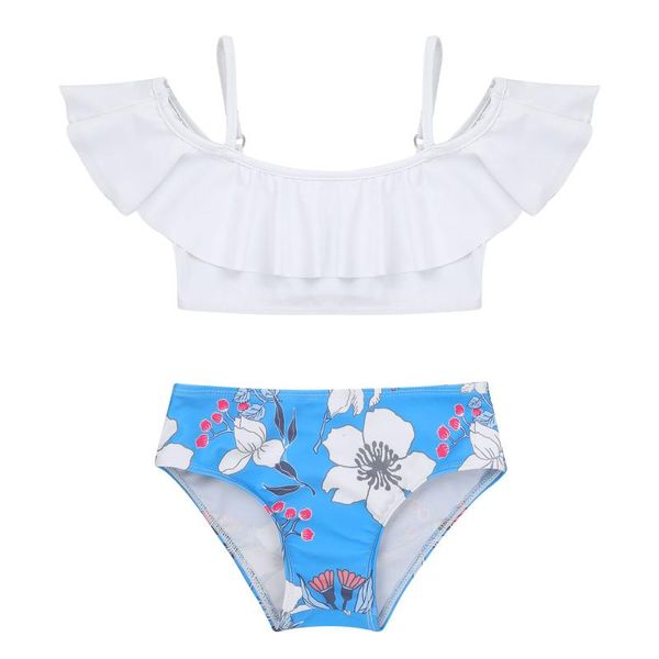 

one-piece suits kids girls swimsuits swimwear swimming suit off shoulder ruffle hem adorned crop floral print briefs set bikini bathing
