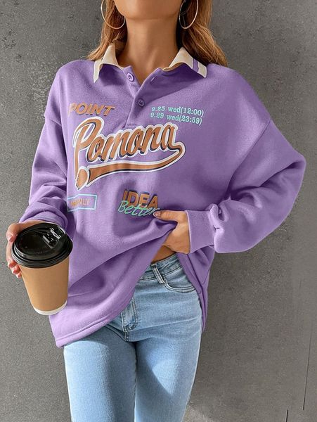 

polo neck letter graphic drop shoulder sweatshirt l7lm#, White;black