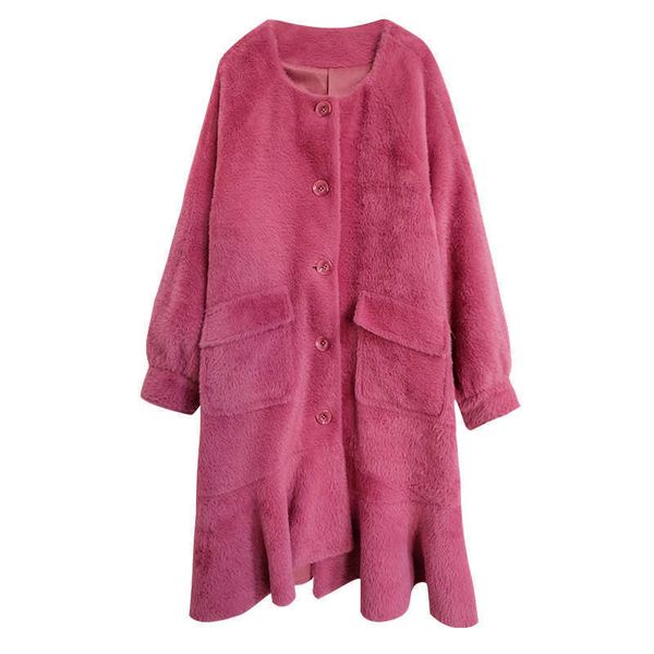 

perhaps u women pink woolen o-neck single-breasted coat pocket ruffle asymmetrical long sleeve long coat with scarf winter c0405 210529, Black