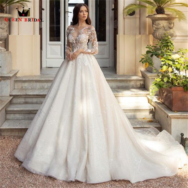 

other wedding dresses luxury ball gown puffy long sleeve sequins tulle lace crystal beaded bridal 2022 custom made ds142, White