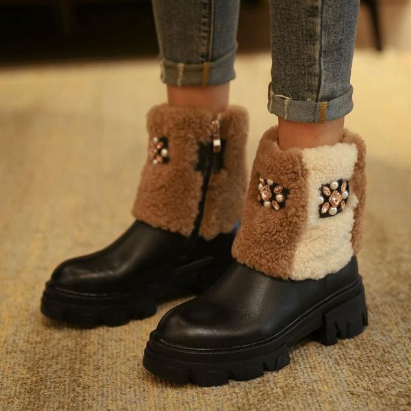 

boots brand fashionable crystals tie fur skidproof tire sole keep warm plush winter shoes women snow, Black