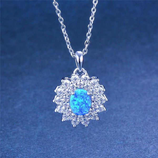 

pendant necklaces blue fire opal oval stone necklace luxury crystal flower classic silver color chain wedding for women