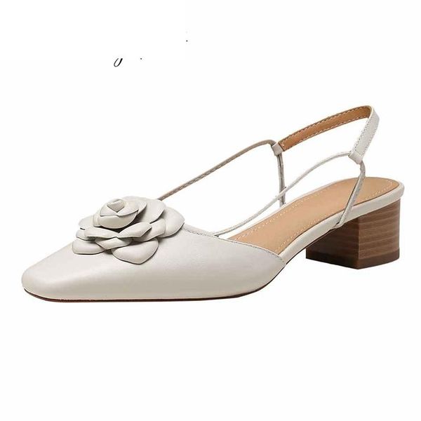 

sandals large size genuine leather square toe med heels shallow flower sweet girls energy maiden slip on women l57, Black