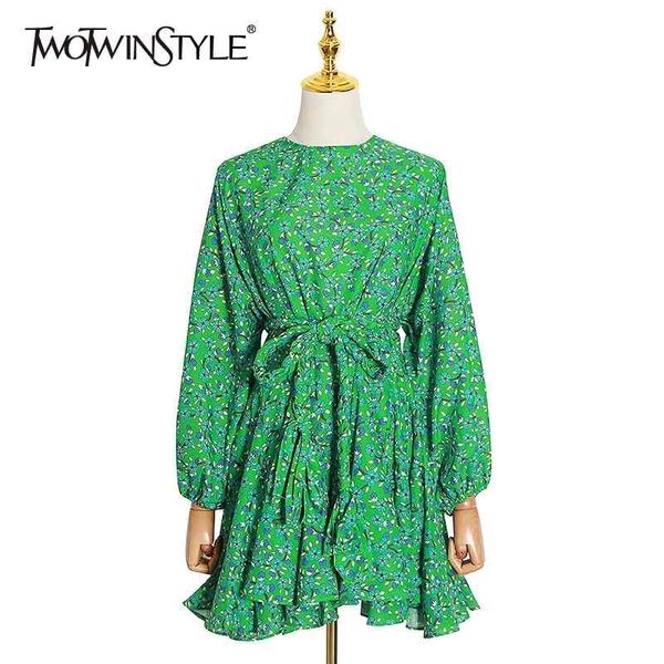 

twotwinstyle elegant print women dress o neck lantern long sleeve high waist lace up bow ruffles mini dresses for female fashion 210325, Black;gray