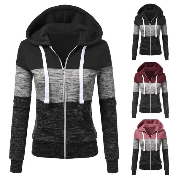 

women's hoodies & sweatshirts womens zip up harajuku sweatshirt sport casual drawstring patchwork hooded ladies female pocket pullover, Black