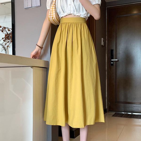 

skirts [ewq] summer 2021 korea chic fashion casual solid color elastic high waist pleated all match green skirt women 16e274, Black