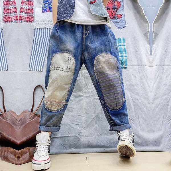 

women's jeans 2021 arrival spring korea fashion women all-matched elastic waist loose denim harem pants vintage embroidery s632, Blue