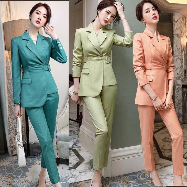 

women stripe pant suit office sets 2 pieces with waist self belt uneven hem fashion blazer pancil women's two piece pants, White