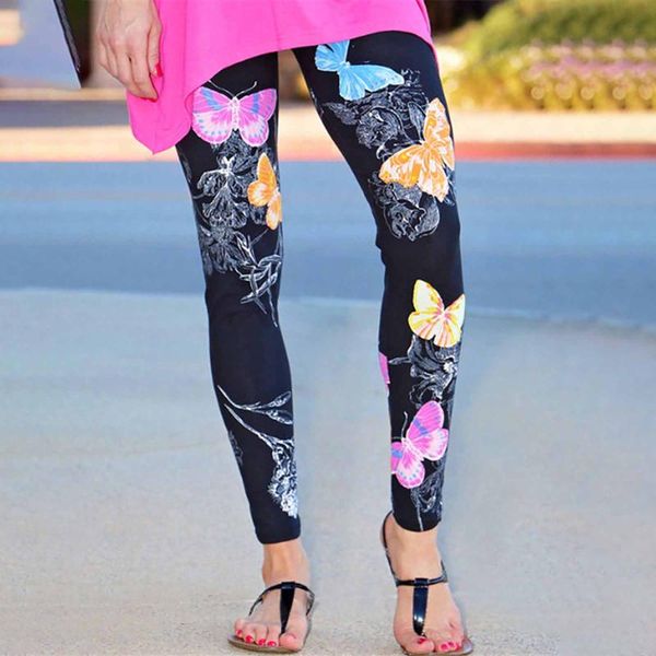 

women floral printed leggings spandex high waist butterfly print fitness workout summer long boot pants #t1q women's, Black