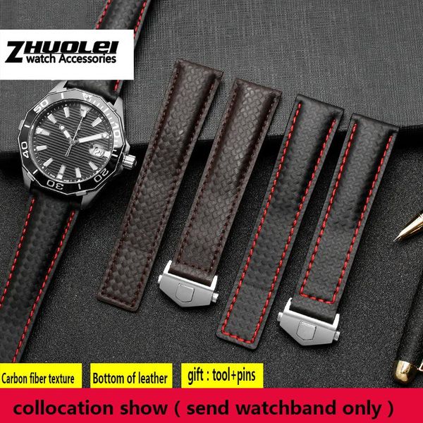 

watch bands carbon fiber texture genuine leather bottom watchband for brand wristband men's straps 19mm 20mm 22mm with folding buckle, Black;brown