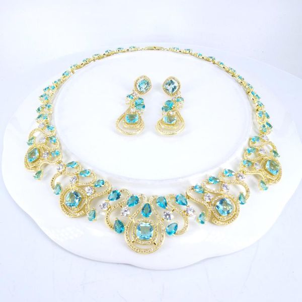 

earrings & necklace 2021 fashion vintage sky blue czzircon golden earring set wedding party birthday jewelry, Silver
