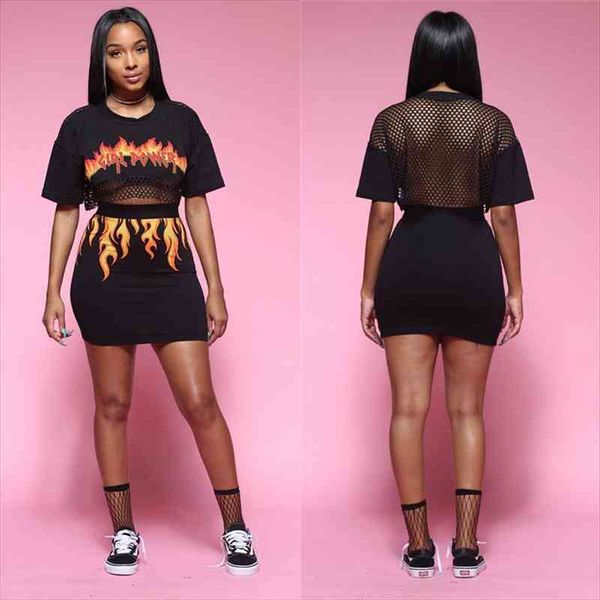 

two piece set dress suits women tracksuits summer clothes fire flame mesh crop and mini skirt suit club, Gray