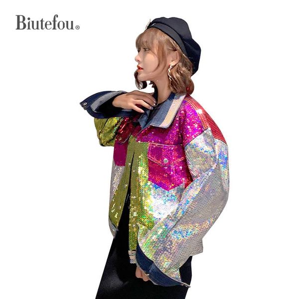 

women's jackets 2021 spring and autumn denim fashion sequins patch designs women, Black;brown