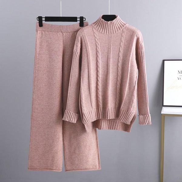 

women's two piece pants 2 pieces set women knitted tracksuit twisted sweater wide leg 2021 autumn winter pullover trouser suits woman t, White
