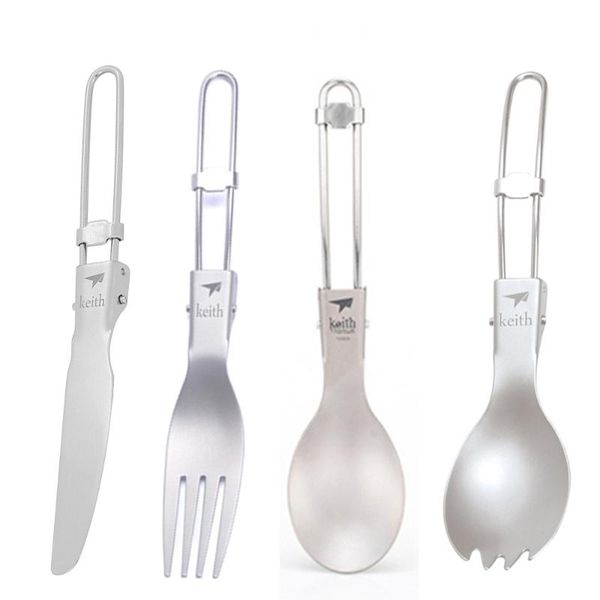 

keith outdoor titanium folding spoon spork knife fork handle set camping cutlery mess kit kitchen tableware portable dinnerware sets