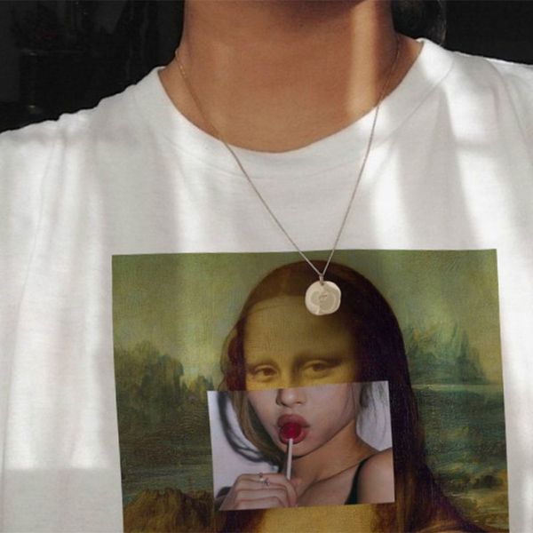 

mona lisa cartoon funny fashion personality parody shirt harajuku new summer loose casual s-2xl women's clothing b1wc125, White