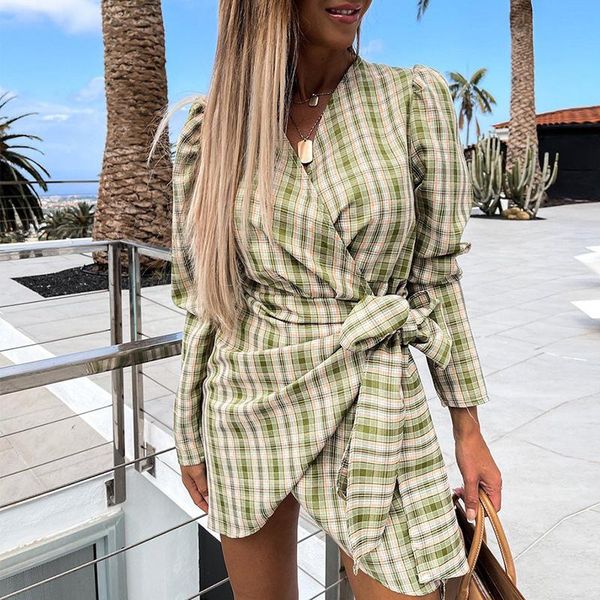 

casual dresses retro plaid women lace up inregular mini dress spring lady casaul long sleeve slim party elegant femme streetwear vestido, Black;gray