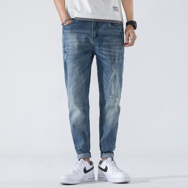 

men's jeans ripped for men light blue stretch slim fit spring and summer destroyed streetwear hip hop denim trousers masculino