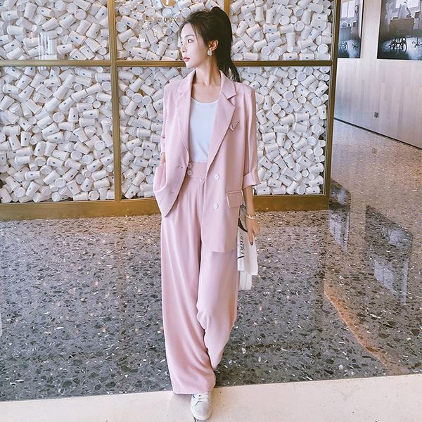 

women's two piece pants summer pink blazer and 2 suits sets for women fashion elegant korean style loose coat wide leg outfits 0855, White
