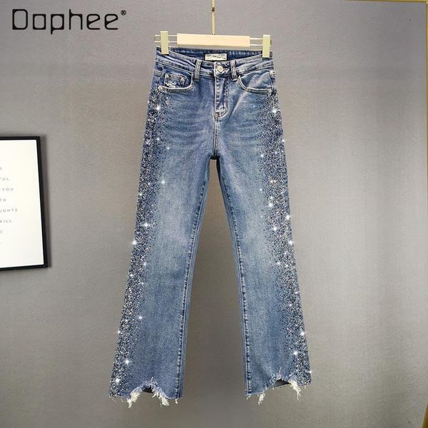 

women's jeans 2021 spring and autumn high waist slimming european drilling skinny flare trousers denim pants, Blue