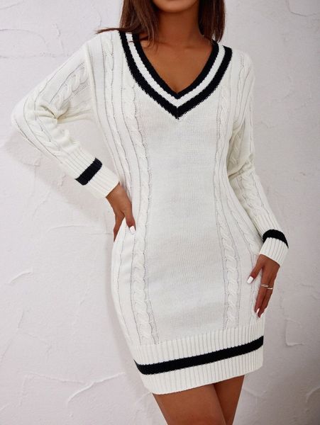 

striped pattern cable knit sweater dress j0qh#, Black;gray